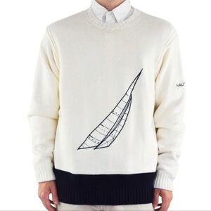 Nautica Vintage Cream And Navy Blue Crewneck Sweater - Size Large